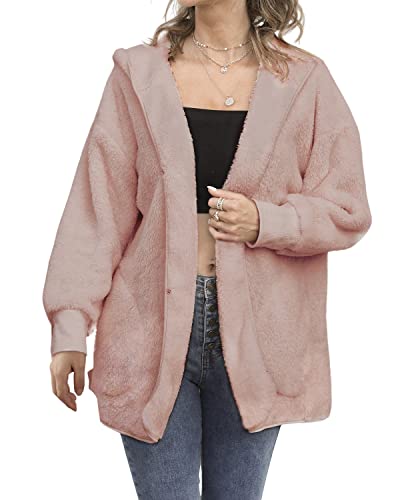 LIVACASA Chaqueta de Peluche Chaqueta Otoño de Mujer Cardigan Esponjoso Invierno Abrigo de Teddy-Fleece Jacket Sudadera Casual Moda Amplio Rosa Oscuro XL