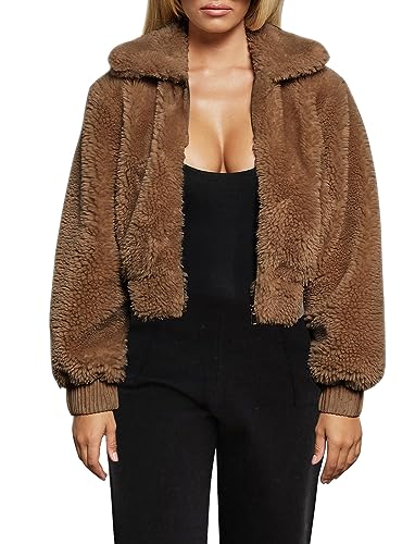 FANCYINN Abrigo de oso de peluche para mujer Chaquetas peludas recortadas Abrigo de piel sintética Jacken Marron oscuro XL